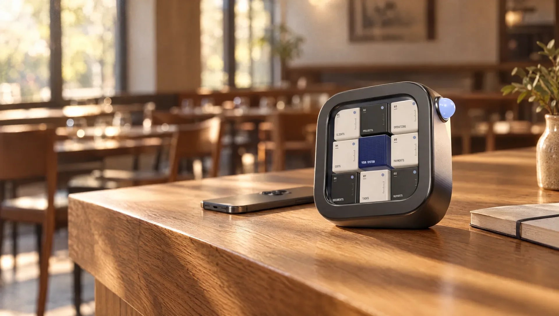 The Deft Core on the oak counter of a small restaurant in morning light, a phone and a reservation book beside it.