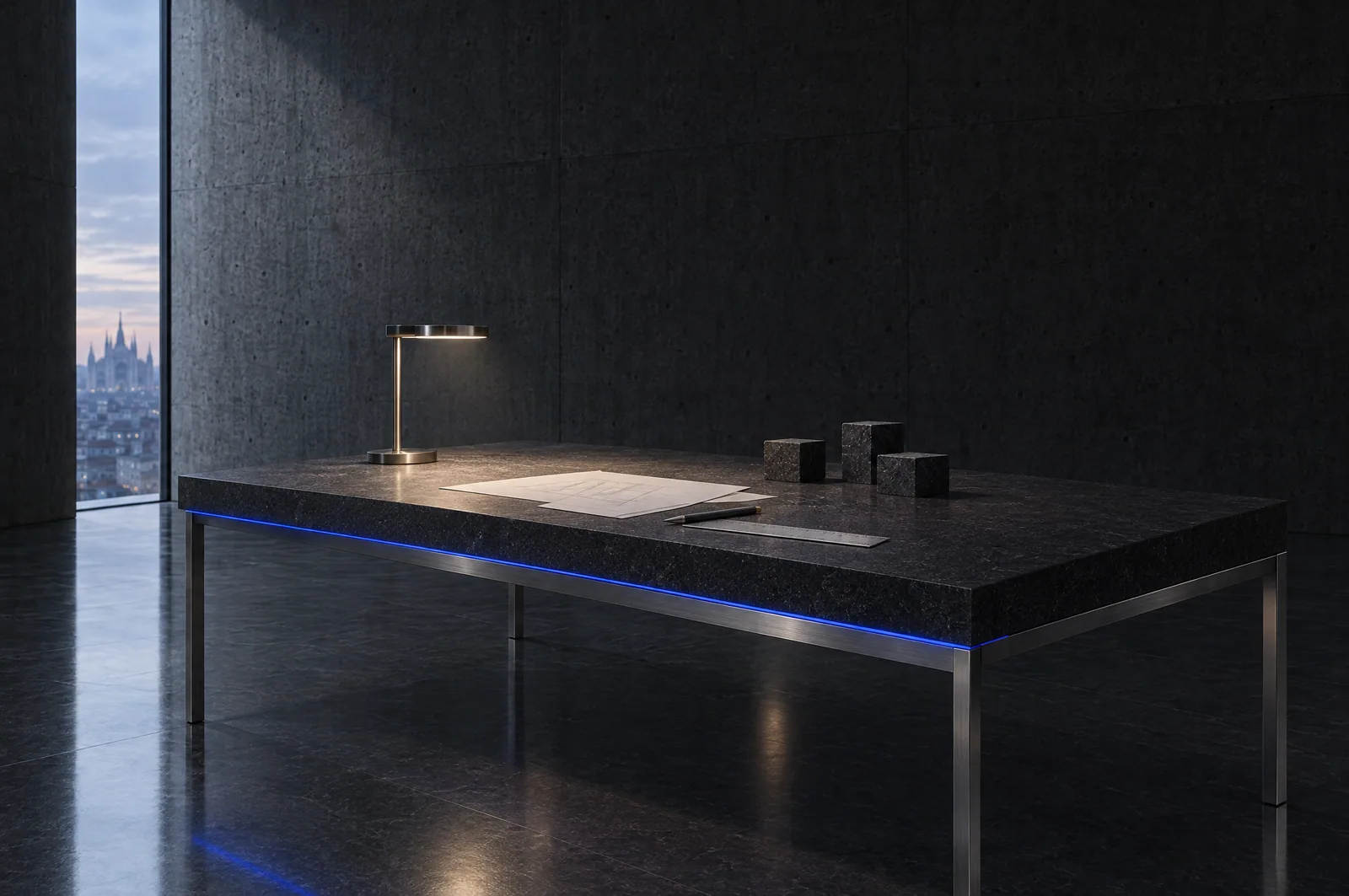 A dark studio room: a long basalt table with a steel ruler, drawing paper and three small stone blocks under a low lamp, a tall window with dusk light.